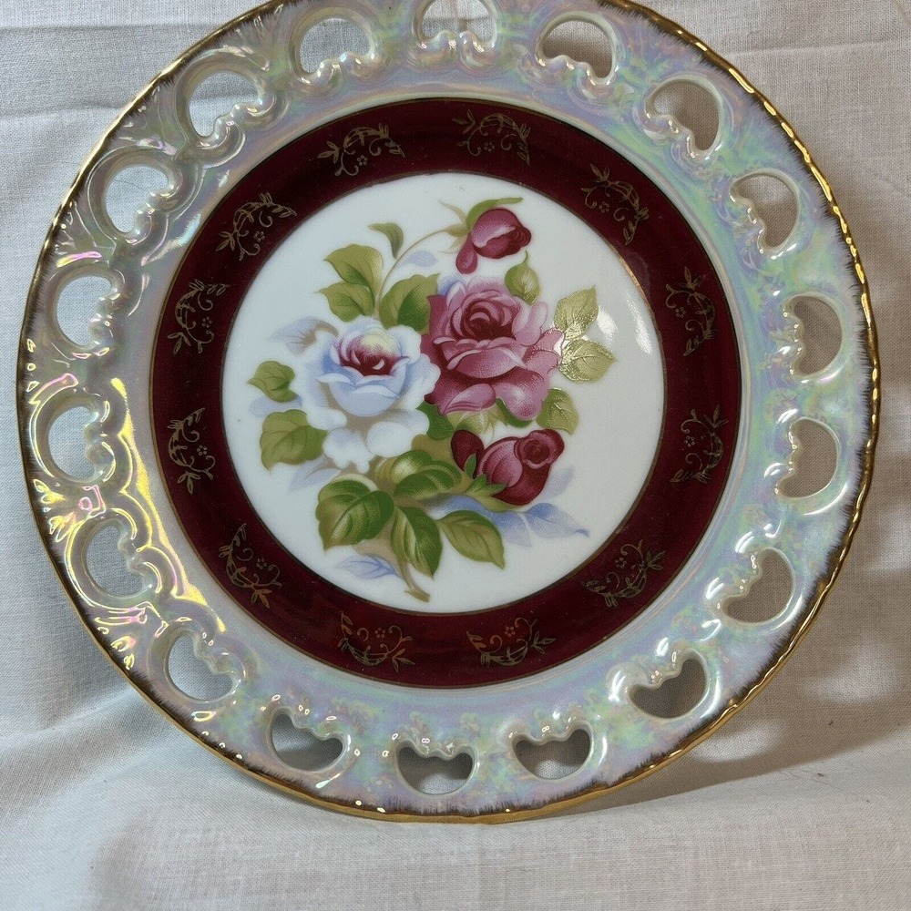 Vintage Fresh China Japan Reticulated Rose Plates Lusterware Maroon‎ Blue 7.5in
